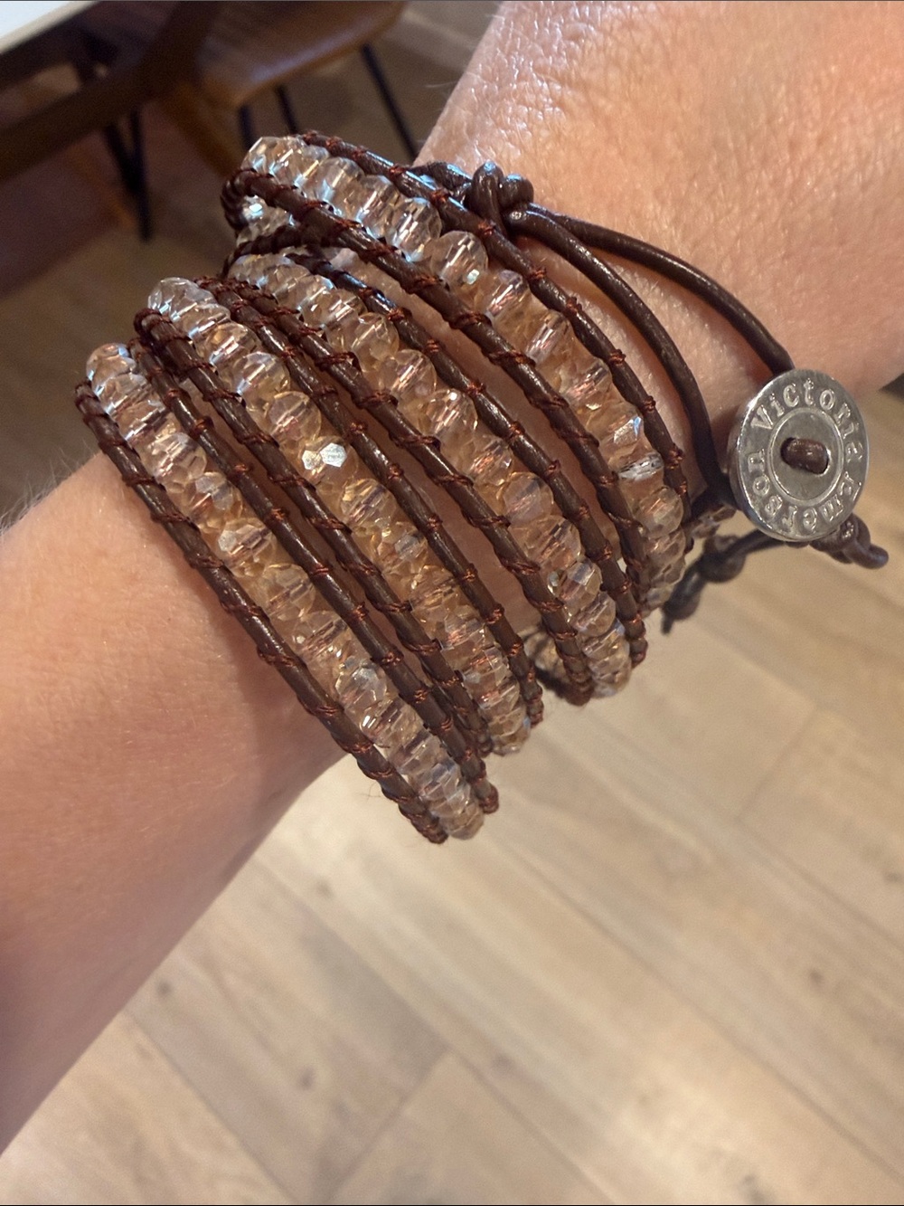 Victoria Lynn Brown Leather Wrap Bracelet with Clear Faceted Beads - 37”